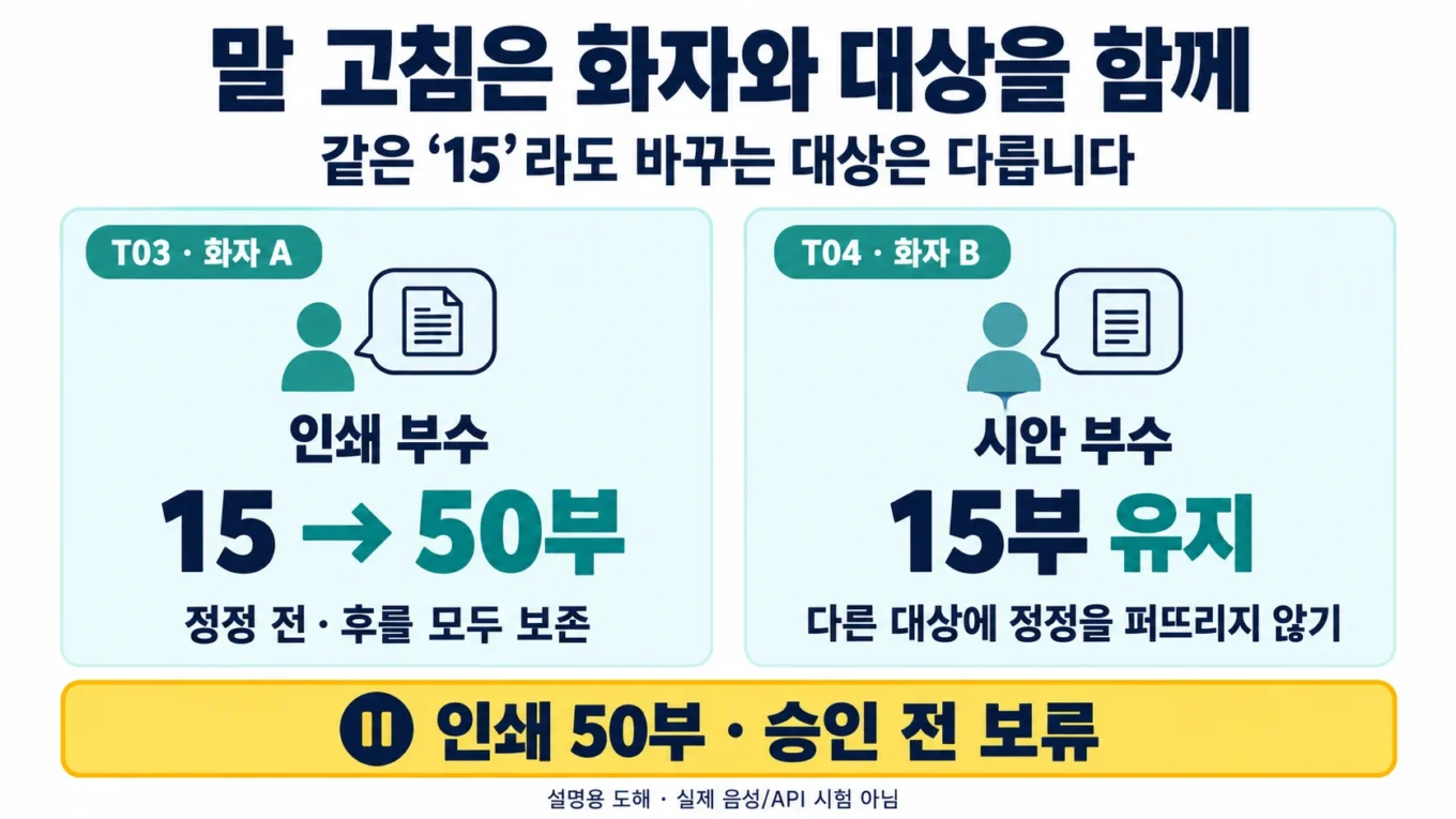 화자 A의 T03 인쇄 부수는 15에서 50부로 정정하고, 화자 B의 T04 시안은 15부로 유지하며 인쇄 50부는 승인 전 보류하는 설명 도해