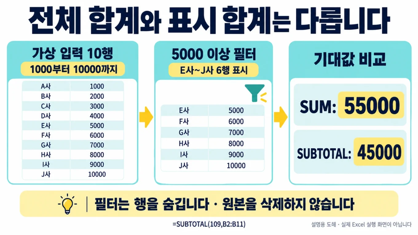 가상 금액 10행의 전체 합계55000과 6행 표시 합계45000을 비교하는 도해