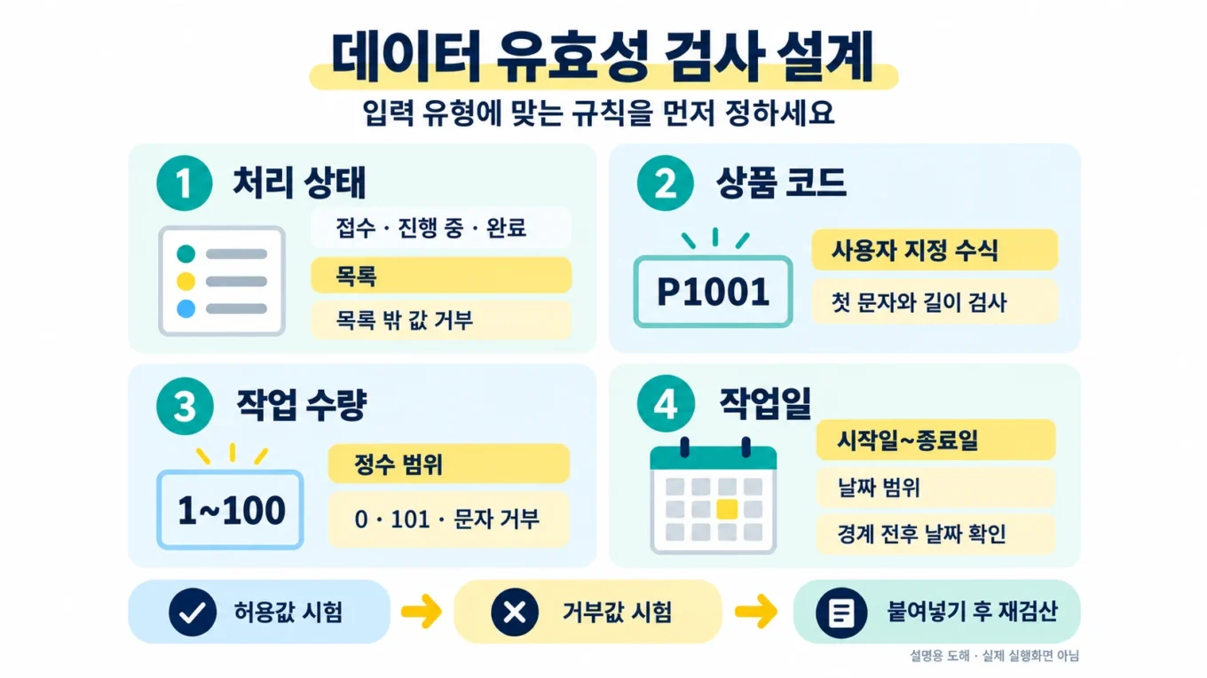 상태 목록·상품 코드·정수 수량·날짜의 데이터 유효성 검사 규칙과 허용·거부·붙여넣기 후 재검산 흐름을 요약한 설명용 도해