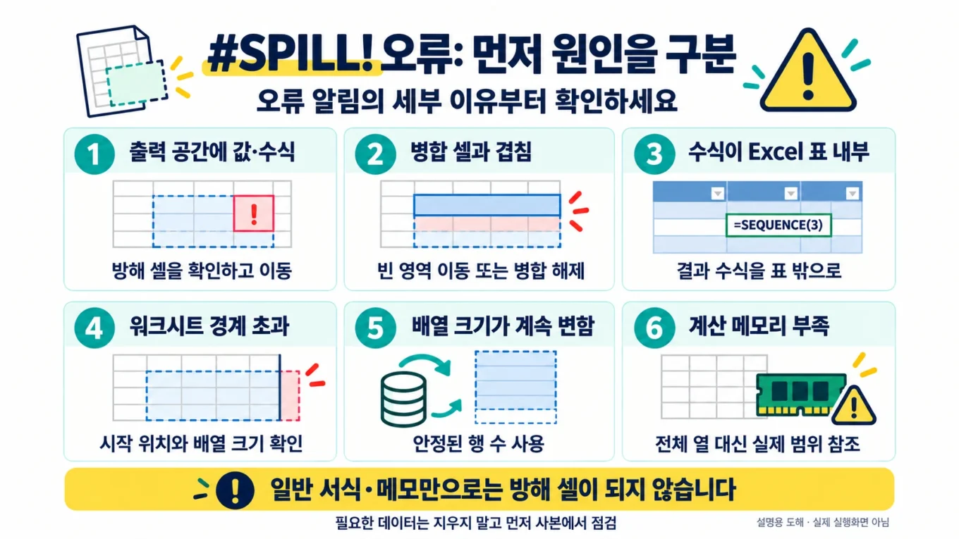 #SPILL!의 값·수식 방해, 병합, 표 내부, 시트 경계, 배열 크기 변동, 메모리 부족을 구분하고 일반 서식·메모는 방해가 아님을 알리는 설명용 도해