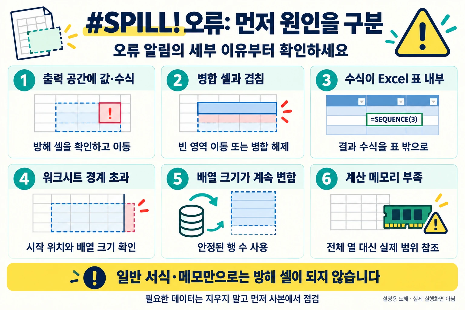 SPILL 오류의 방해 셀·병합·표 내부·시트 경계·변동 크기·메모리 원인과 점검 방법 — 설명용 도해