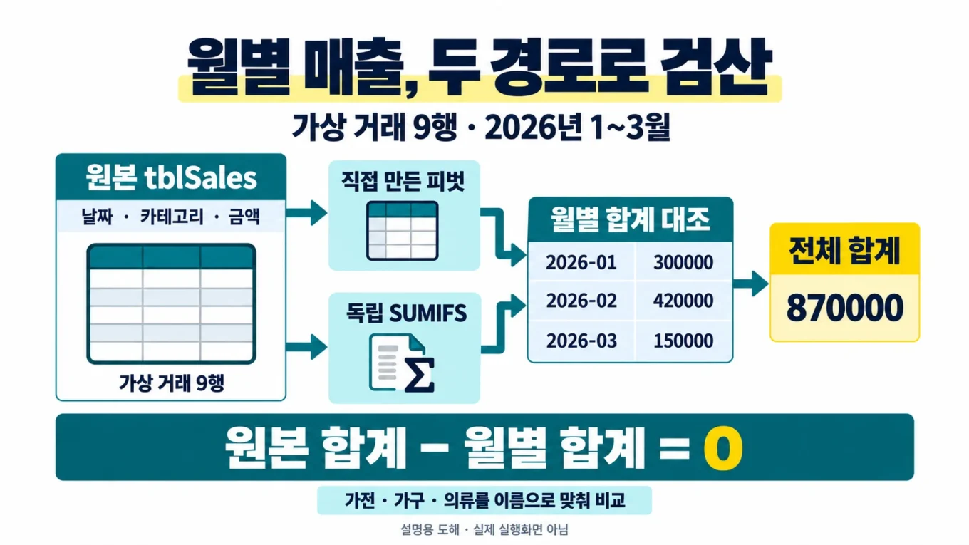 가상 거래 9행의 월 합계 300000·420000·150000과 전체 870000을 직접 만든 피벗·독립 SUMIFS 두 경로로 대조하는 설명용 도해