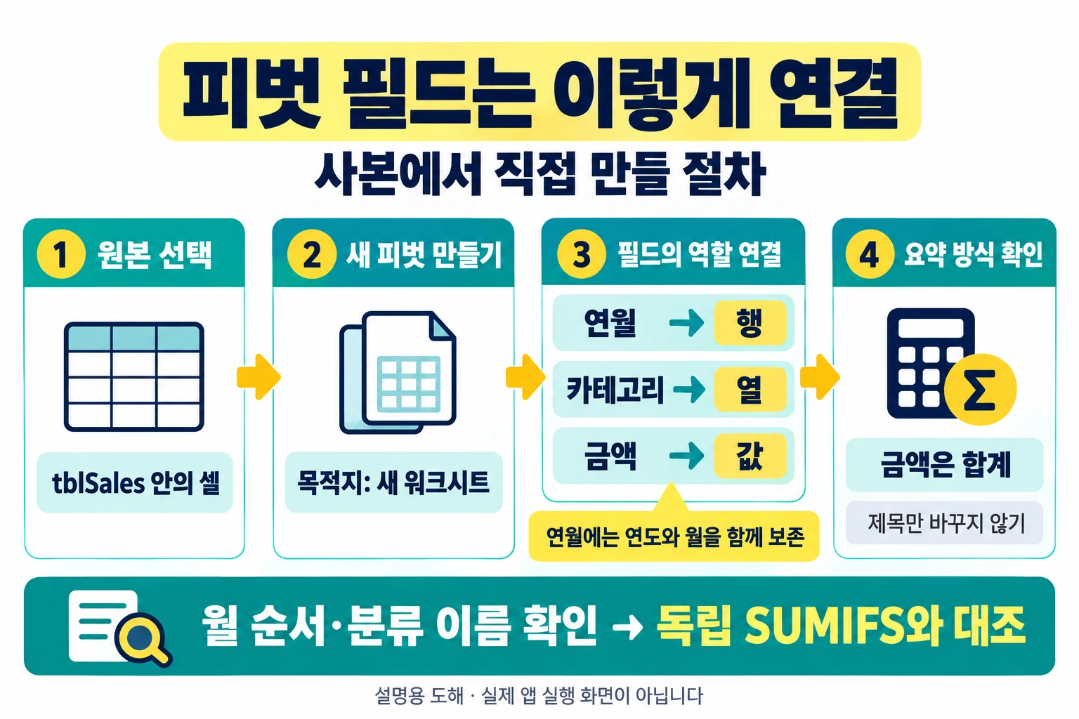 엑셀 피벗테이블로 월별 매출 요약표를 만들고 검산하는 방법 3 tblSales에서 새 피벗을 만들고 연월은 행, 카테고리는 열, 금액은 값에 연결해 합계 요약과 독립 SUMIFS를 확인하는 절차 도해