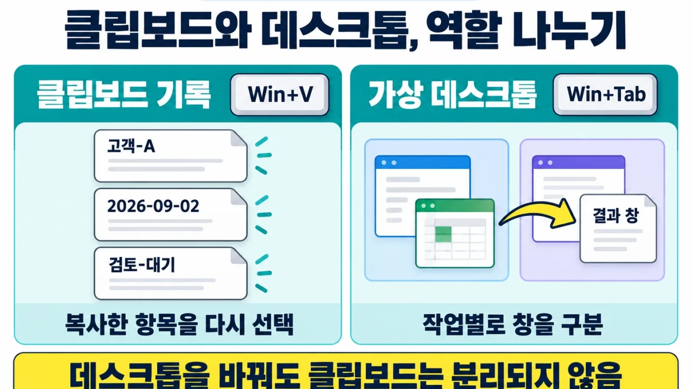 Win+V의 세 가상 문자열 재선택과 Win+Tab의 창 구분 역할을 나누고 클립보드가 데스크톱별로 분리되지 않음을 알리는 도해