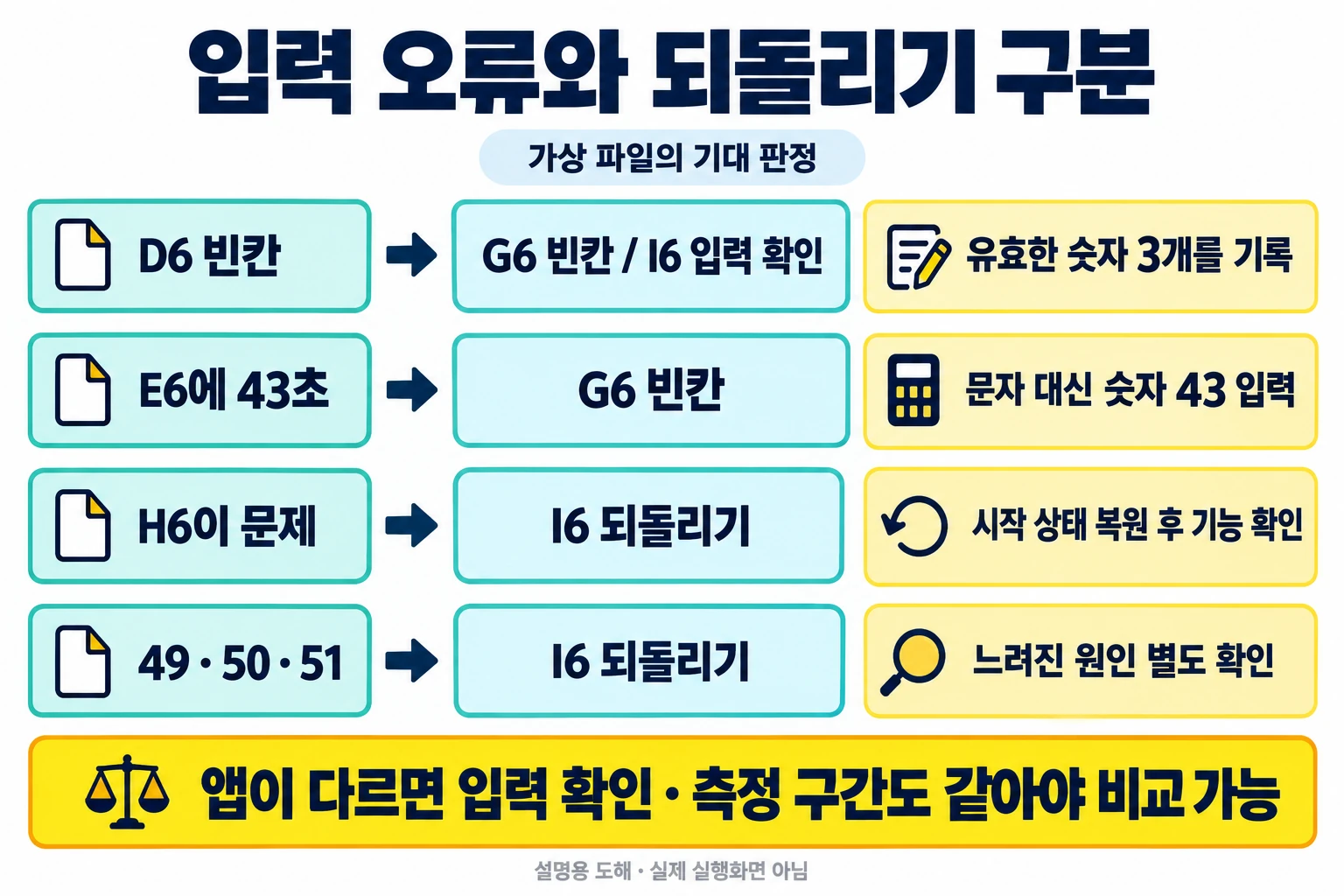 윈도우 시작 앱 한 개만 바꾸기: 3회 중앙값 기록과 되돌리기 5 누락·문자 시간·기능 문제·느려진 기록에 대한 입력 확인과 되돌리기 기대 판정을 구분하는 설명 도해