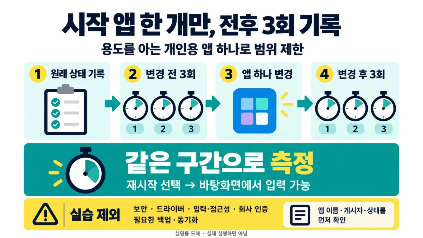 용도를 확인한 개인용 시작 앱 한 개만 변경하고 동일 구간을 변경 전후 각 3회 기록하며 보안·드라이버·접근성·인증·필수 백업을 제외하는 설명용 도해