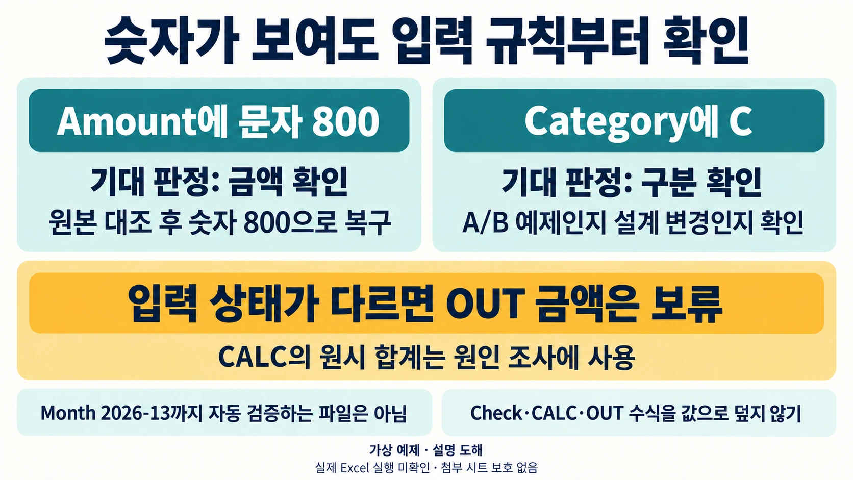 문자 금액과 허용 구분 오류를 확인하고 입력 수식을 복구하는 도해
