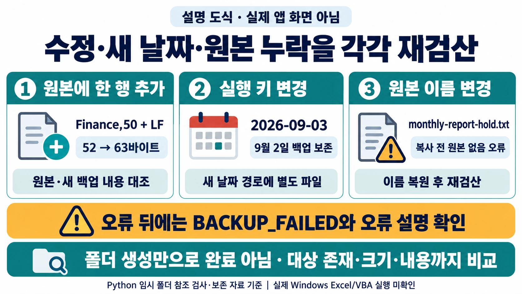 원본 추가·실행 키 변경·원본 누락을 각각 재검산하는 백업 복구 도해