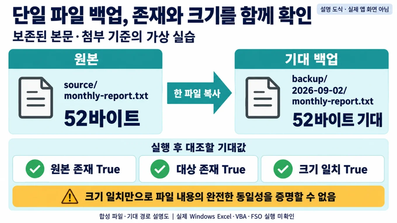 가상 원본52바이트의 백업 경로와 존재·크기 비교 기대값을 설명하는 도해