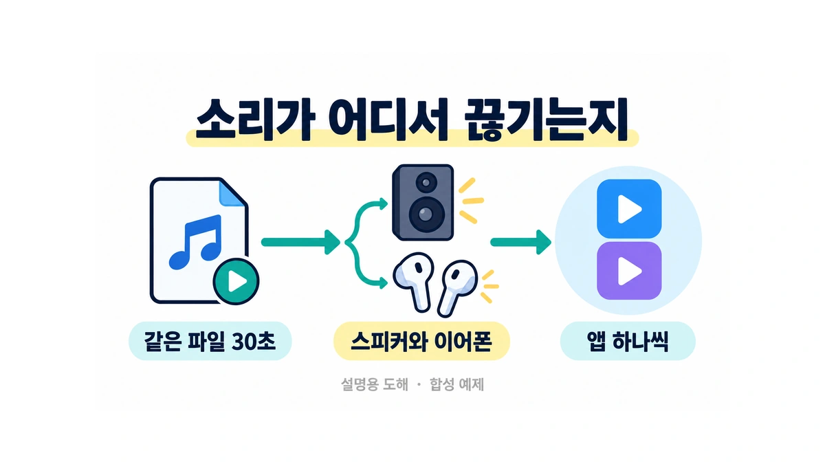같은 파일의 30초 구간으로 스피커와 이어폰을 비교한 뒤 앱을 하나씩 비교하는 설명용 도해