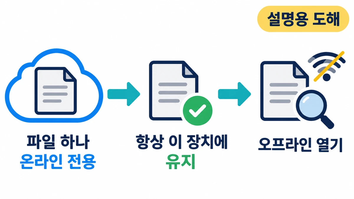 설명용 도해: 온라인 전용 OneDrive 파일 하나를 장치에 유지로 지정하고 내려받은 같은 파일의 오프라인 열기를 확인하는 순서