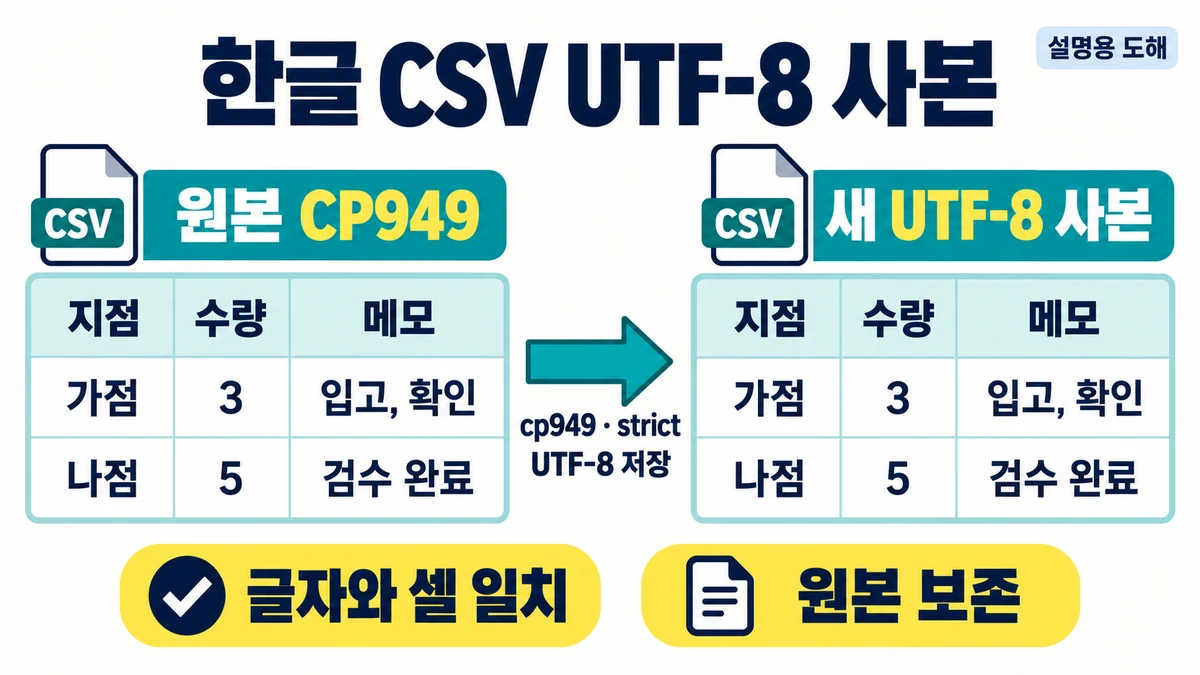 가상 CP949 CSV 두 기록을 원본 그대로 두고 별도 UTF-8 사본으로 변환한 뒤 글자와 셀을 대조하는 흐름