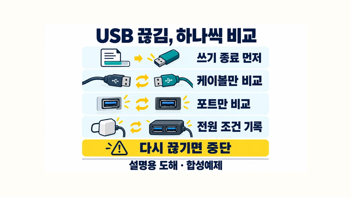 쓰기 종료를 먼저 확인한 뒤 USB 케이블과 포트를 하나씩 비교하고 전원 조건을 기록하며 다시 끊기면 중단하는 설명용 도해