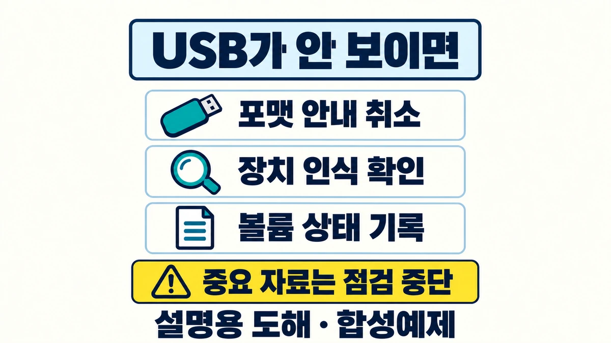 USB가 보이지 않을 때 포맷 안내를 취소하고 장치 인식과 볼륨 상태를 기록하며 중요 자료 점검을 중단하는 설명용 도해