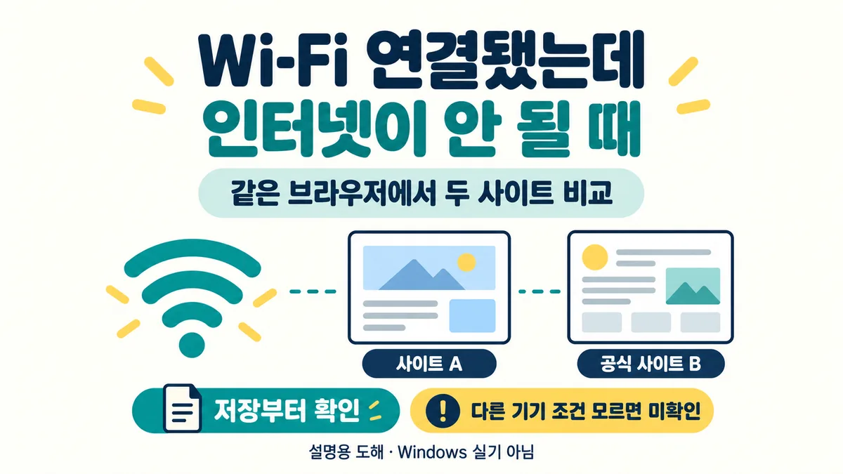 작업 저장을 확인한 뒤 같은 브라우저에서 두 사이트를 비교하고 다른 기기의 조건을 모르면 미확인으로 남기는 설명용 도해