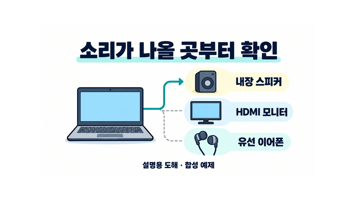 내장 스피커, HDMI 모니터와 유선 이어폰 중 소리를 보낼 출력 장치를 한 개씩 확인하는 설명용 도해
