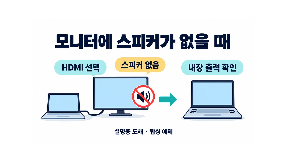 Windows 소리가 안 날 때 출력 장치부터 확인하기 3 스피커가 없는 HDMI 모니터가 선택된 가상 상황에서 내장 출력을 확인하는 설명용 도해