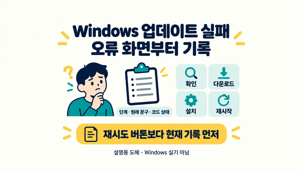 Windows 업데이트의 확인, 다운로드, 설치, 재시작 단계와 원래 오류 문구 및 코드 상태를 재시도 전에 기록하는 설명용 도해