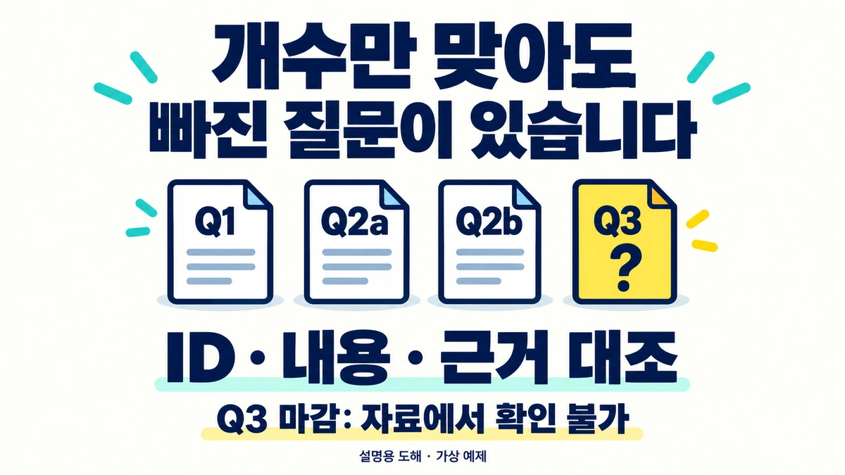 질문 ID와 답변 내용 및 근거를 함께 대조하고 Q3의 제출 마감은 자료에서 확인 불가로 남기는 도해