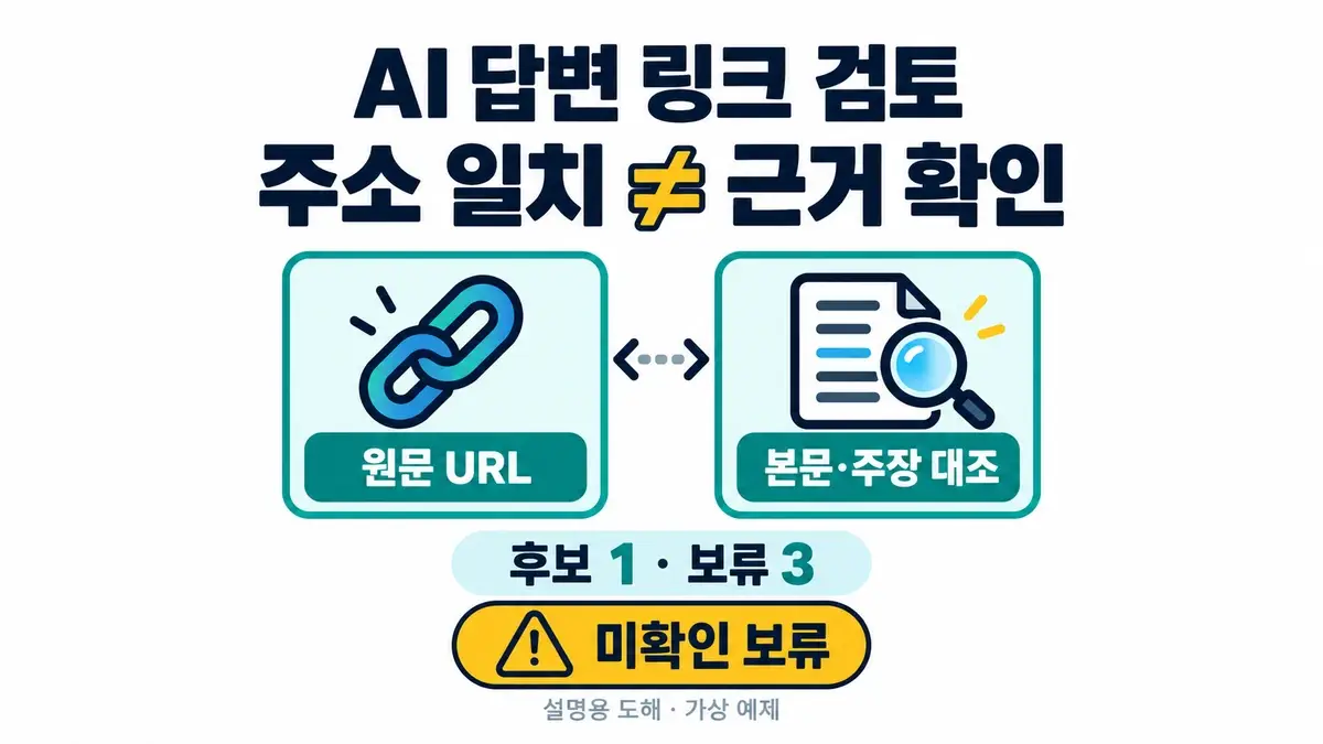 원문 URL 일치와 본문·주장 대조를 분리하고 후보 하나·보류 세 개와 미확인 보류를 표시한 설명용 도해