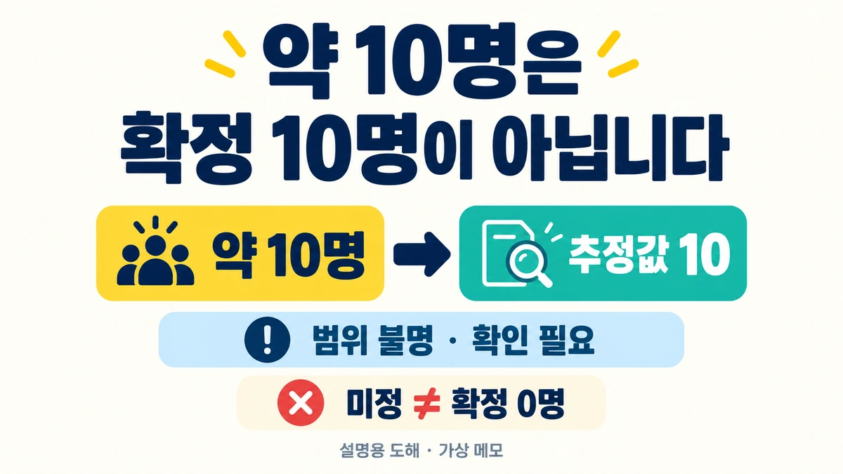 약 10명을 확정값으로 바꾸지 않고 추정값 10과 범위 불명 상태를 보존하며 미정과 확정 0명을 나누는 도해
