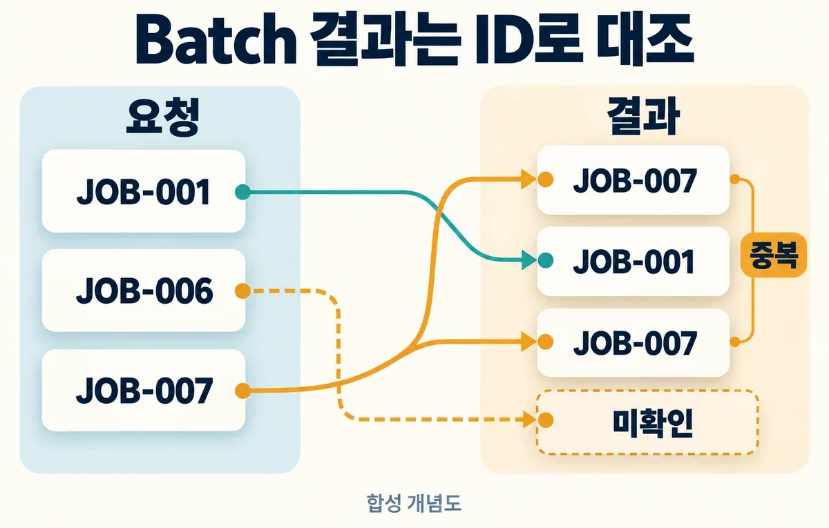 가상 요청 일부와 순서가 다른 결과를 ID로 연결하고 중복 JOB-007과 미확인 JOB-006을 구분하는 설명용 도해