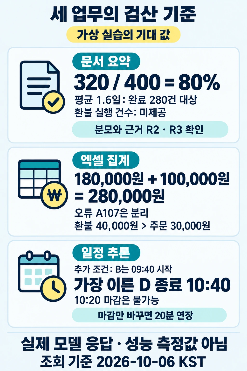 가상 실습의 첫 응답률 320 나누기 400은 80퍼센트, 순매출 280000원, 추가 조건 일정의 가장 이른 D 종료 1040을 대조하는 검산 도해