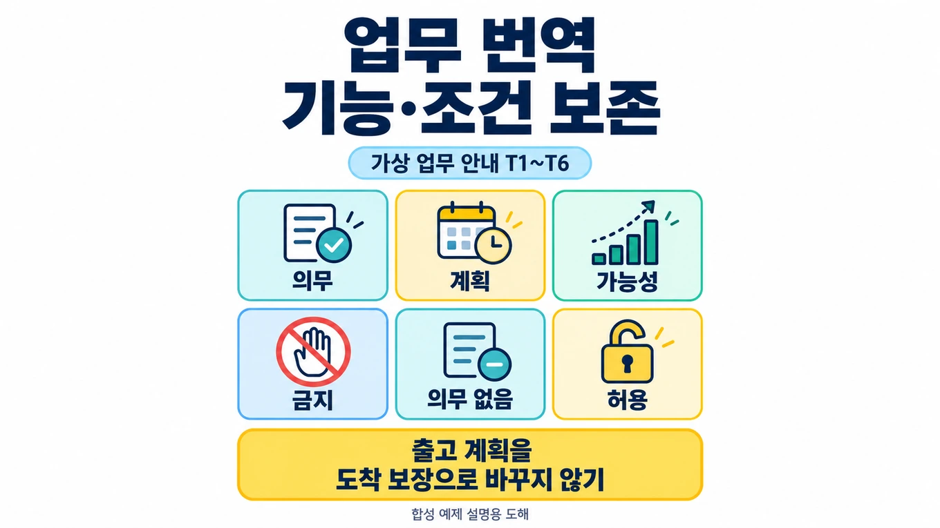 가상 업무 안내의 의무, 계획, 가능성, 금지, 의무 없음, 허용을 나누고 출고 계획을 도착 보장으로 바꾸지 않도록 안내하는 설명용 도해