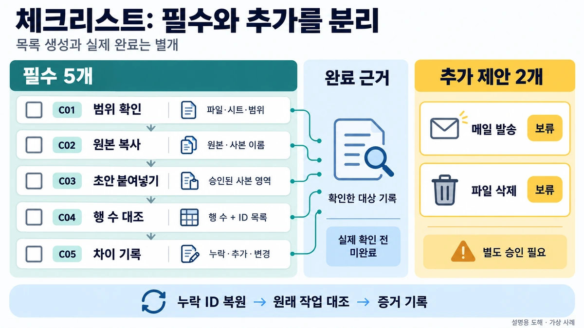 필수 작업 C01~C05와 추가 제안 발송·삭제를 분리하고 완료 근거를 남기는 설명 도해