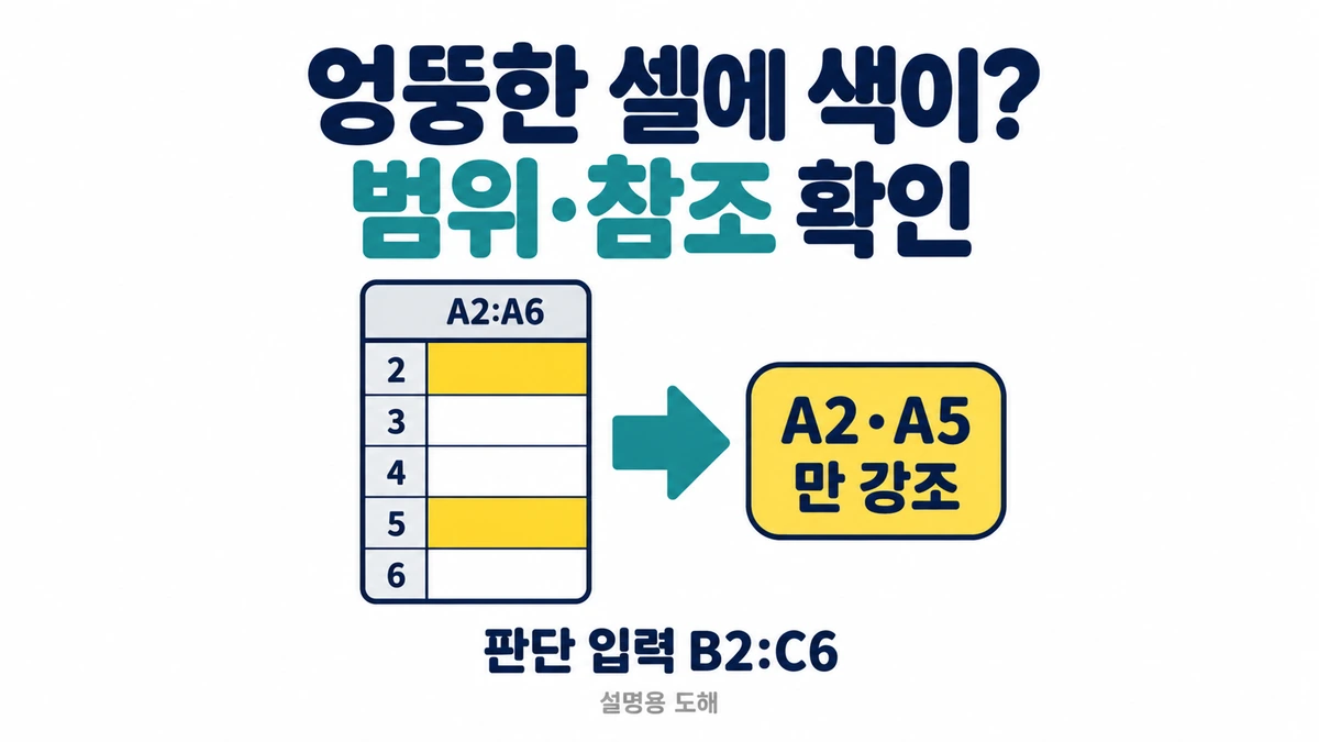 A2:A6의 다섯 업무 셀 중 A2와 A5만 강조하고 판단 입력 B2:C6를 따로 표시한 조건부 서식 도해