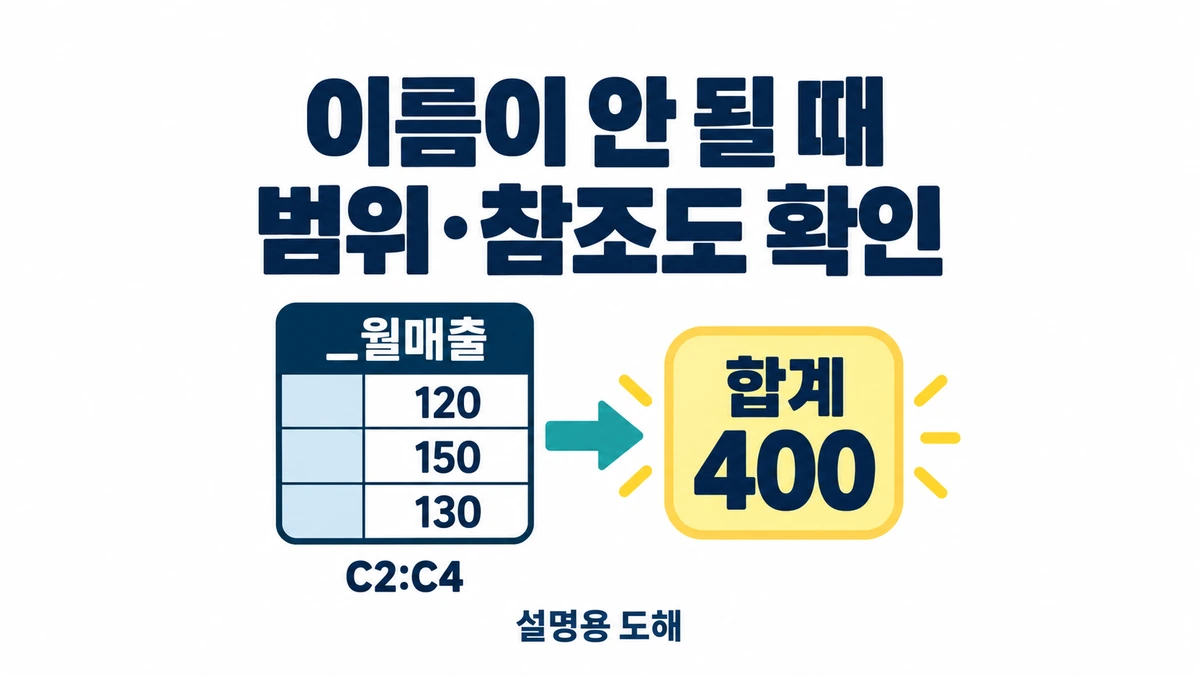 이름 _월매출의 C2:C4 값 120, 150, 130과 기대 합계 400을 범위·참조 확인으로 연결한 도해