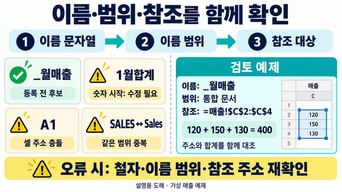 엑셀 이름 후보의 구문, 이름 범위, 참조 대상을 나눠 확인하고 C2:C4 합계 400을 검산하는 도해