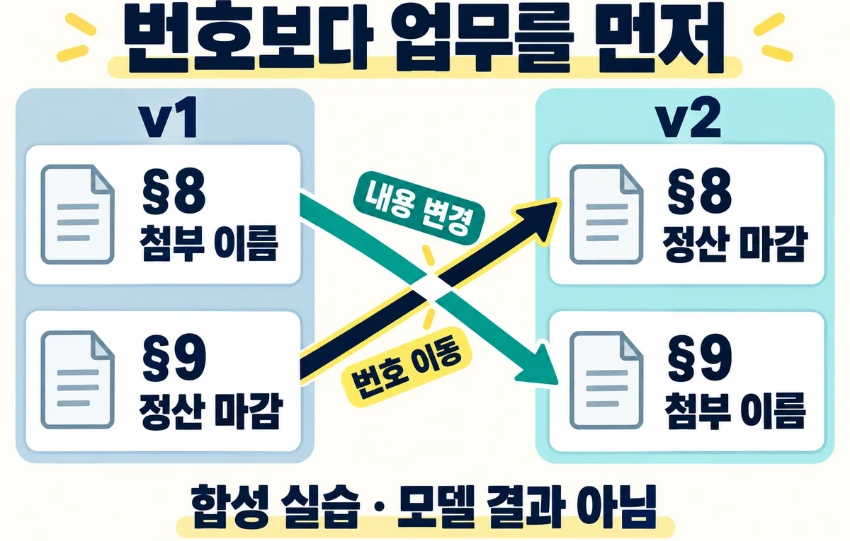 가상 매뉴얼 두 버전에서 첨부 이름은 §8에서 §9로 바뀌고 정산 마감은 §9에서 §8로 옮겨지는 비교 개념도