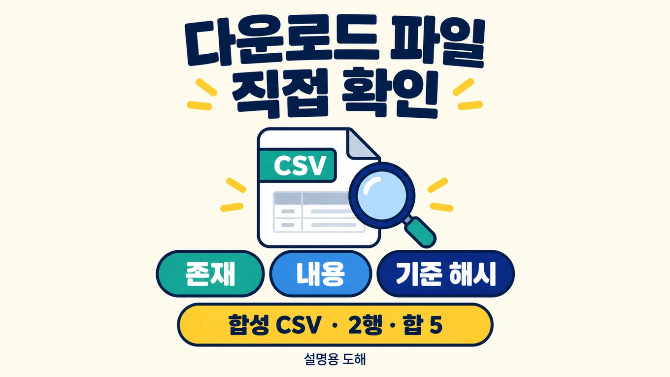 실제 파일의 존재·내용·기준해시를 확인하는 합성CSV2행 합5 설명용 대표 도해