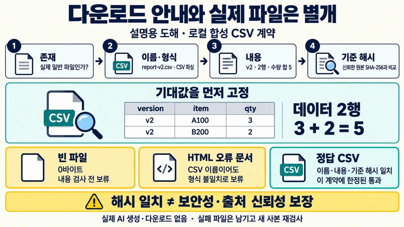 다운로드 안내와 실제 로컬 파일을 구분하고 report-v2.csv의 존재·이름형식·v2 데이터2행 수량3과2 합5·기준해시 및 빈파일과HTML오류 보류를 보여 주는 설명 도해