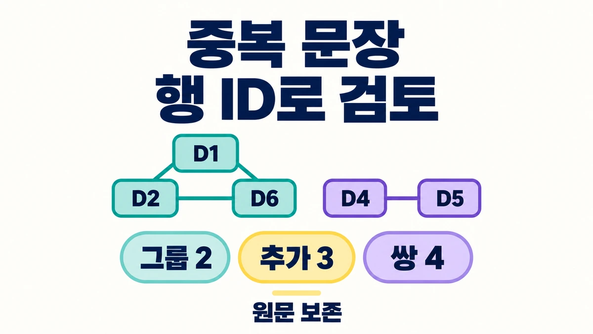 원문 행 ID D1·D2·D6와 D4·D5를 연결하고 그룹 2·추가 3·쌍 4를 구분한 중복 문장 검토 설명용 도해