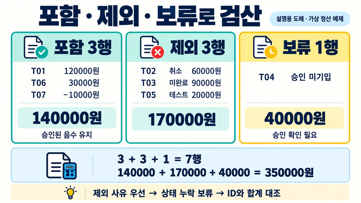 취소·미완료를 뺀 집계: 포함·제외·보류로 합계 확인 2 주문 7행을 포함 3행 140000원, 제외 3행 170000원, 보류 1행 40000원으로 나누고 전체 350000원을 대조하는 도해