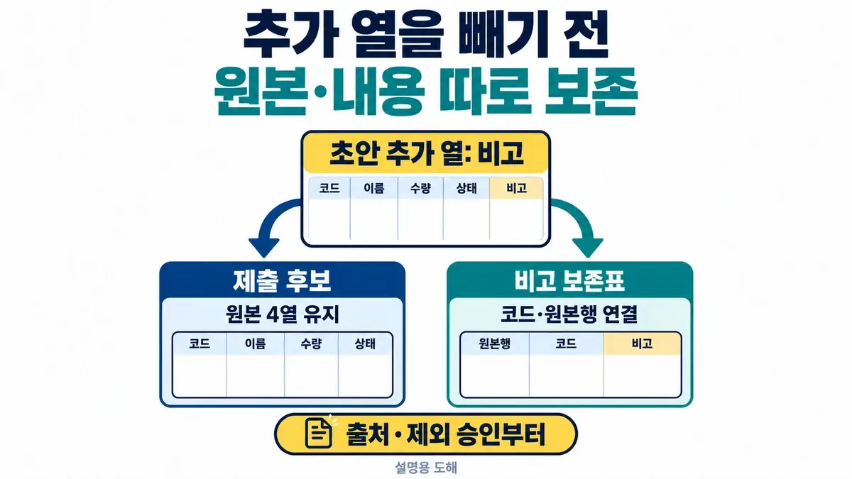 추가된 비고 열을 출처와 제외 승인 후 원본 네 열의 제출 후보 및 원본 행·코드로 연결된 비고 보존표로 분리하는 도해