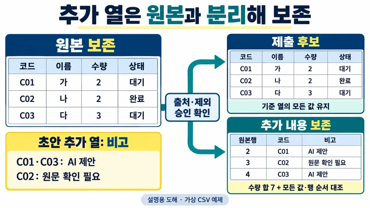 원본 네 열을 보존한 제출 후보와 추가된 비고를 코드·원본 행 번호로 연결해 따로 남긴 CSV 검수 도해