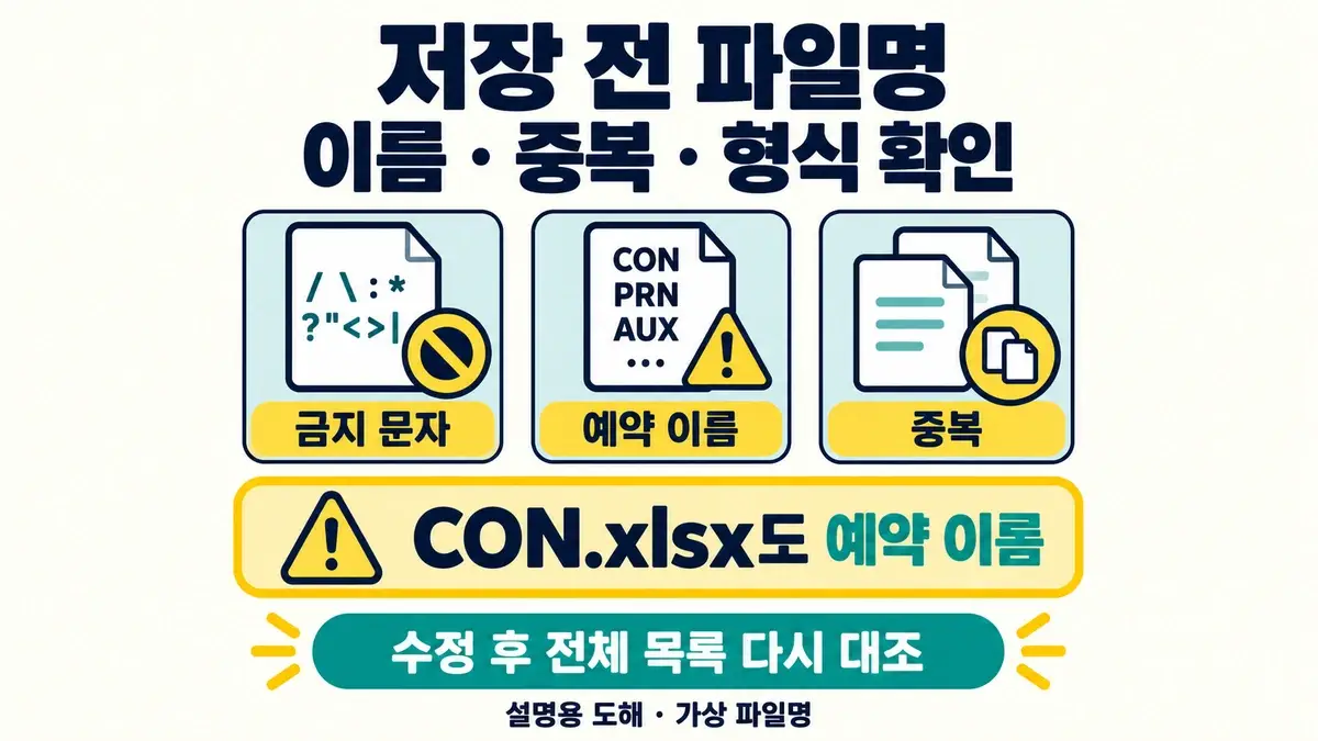 파일명 금지 문자와 예약 이름 및 중복을 확인하고 CON.xlsx도 예약 이름임을 표시한 설명용 도해
