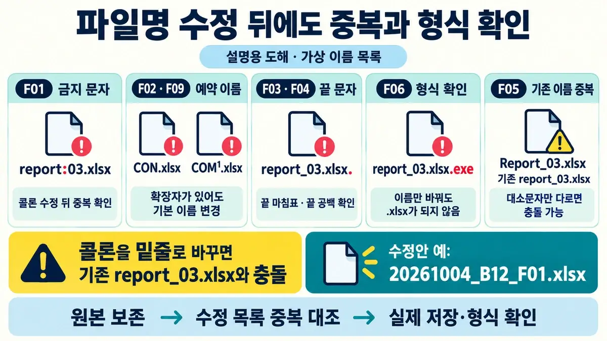 저장하기 전에 고칠 파일명: 금지문자·예약 이름·중복 확인 2 가상 파일명 report:03.xlsx, CON.xlsx, COM¹.xlsx, 끝 마침표와 공백, 마지막 확장자와 대소문자 중복을 따로 확인하는 도해