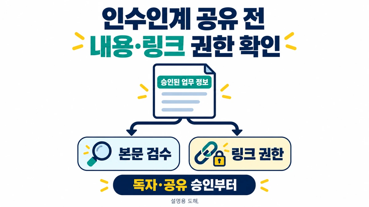 승인된 업무 정보의 인수인계 초안을 본문 검수와 링크 권한 확인으로 나누고 독자·공유 승인을 먼저 확인하는 도해