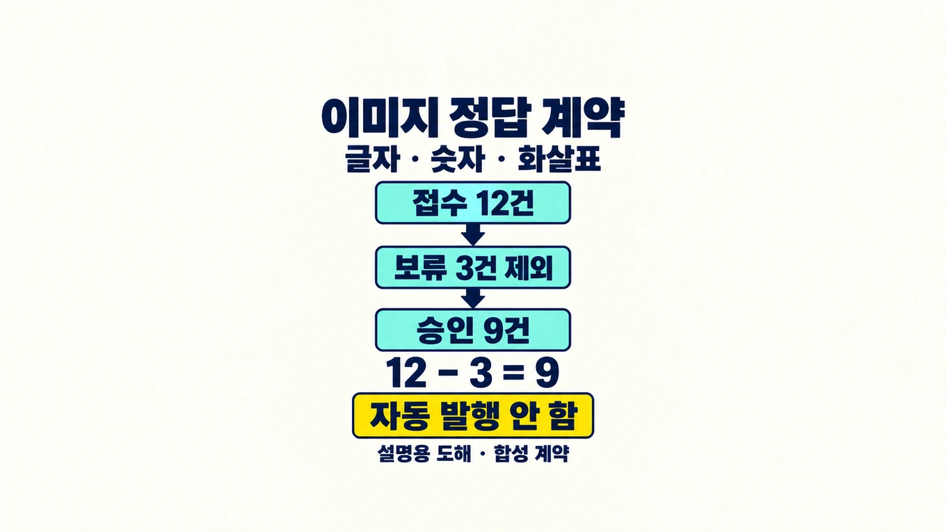 접수 12건, 보류 3건 제외, 승인 9건을 두 아래 화살표로 연결하고 12 - 3 = 9와 자동 발행 안 함을 명시한 이미지 정답 계약 설명용 도해