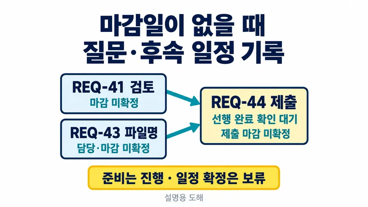 마감이 미확정인 REQ-41 검토와 REQ-43 파일명 정리를 REQ-44 제출의 선행 완료 확인 및 미확정 제출 마감에 연결한 도해