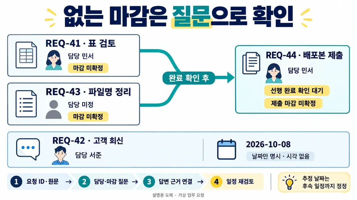 마감이 없는 검토와 파일명 정리 요청에서 담당자 및 마감을 확인하고 뒤따르는 제출 일정 확정을 보류하는 구조
