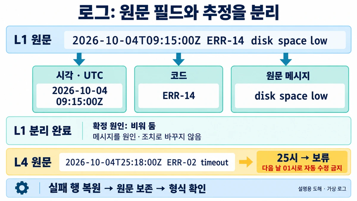 가상로그의시각·코드·원문메시지를나누고25시입력과근거없는원인을보류하는설명도해