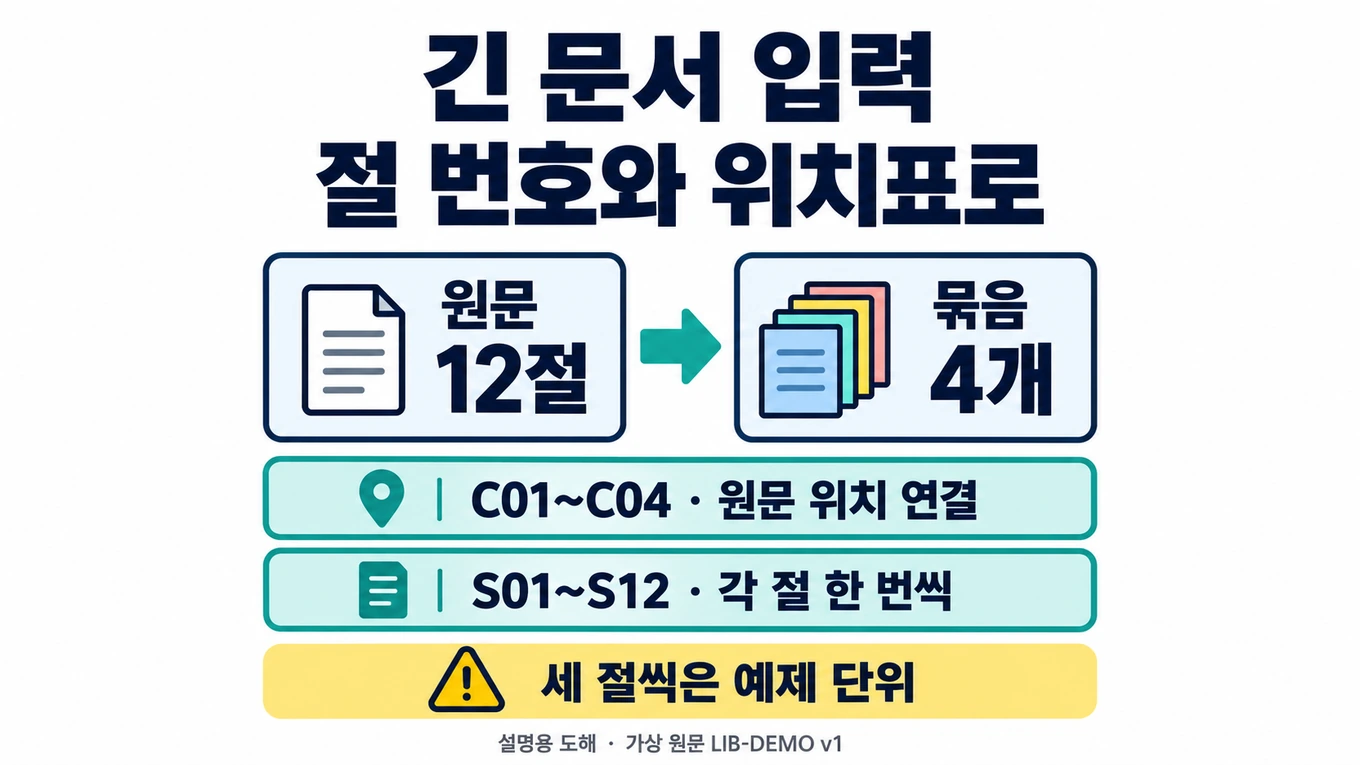 가상 긴 문서 원문 열두 절을 네 묶음과 위치표로 연결해 각 절을 한 번씩 보존하는 입력 분할 설명용 도해