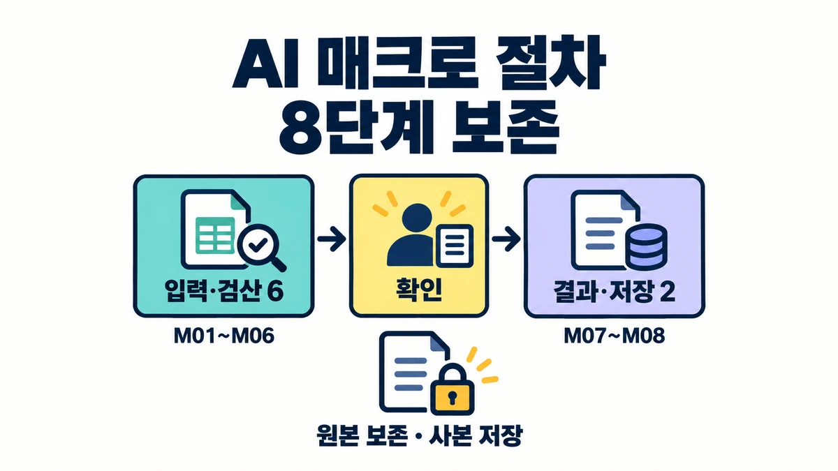 AI 매크로 작업 M01~M06 입력·검산 6단계와 M07~M08 결과·저장 2단계 사이에 확인 게이트를 두고 원본을 보존하는 설명용 도해