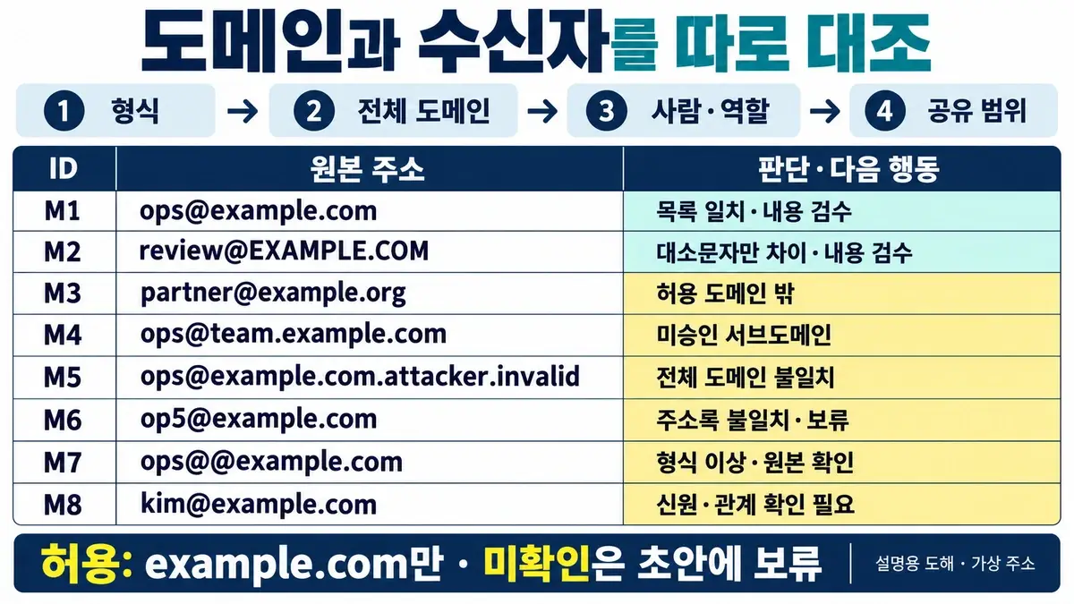 메일 주소 형식과 정확한 도메인, 실제 담당자 일치, 공유 범위를 차례로 검수하는 가상 수신자 도해