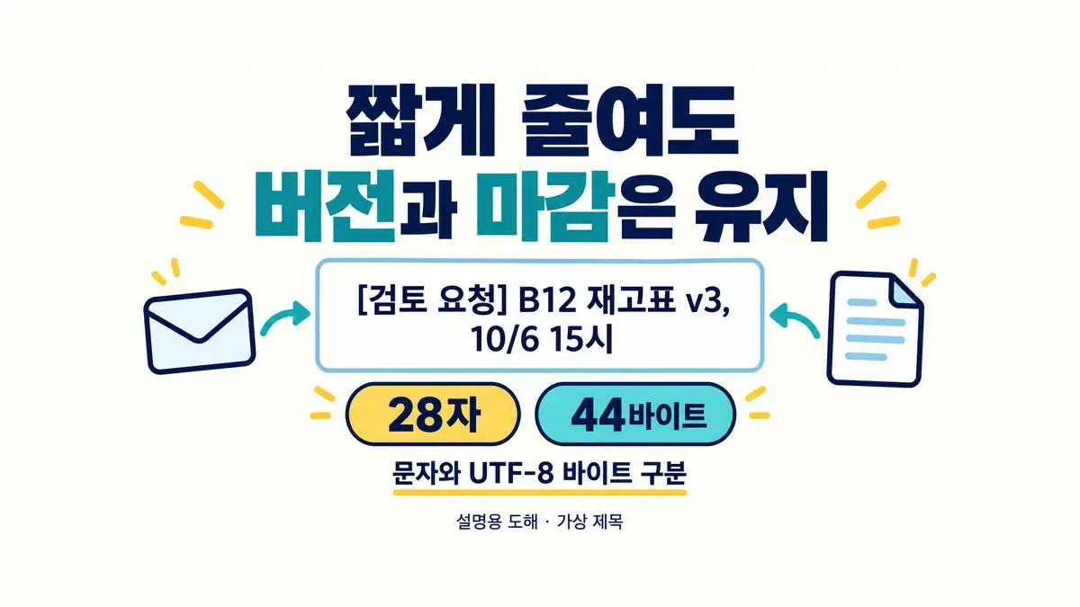 프로젝트 B12, 재고표 버전 v3와 10월 6일 15시 마감을 보존한 제목의 문자 수 28자와 UTF-8 44바이트를 구분하는 도해